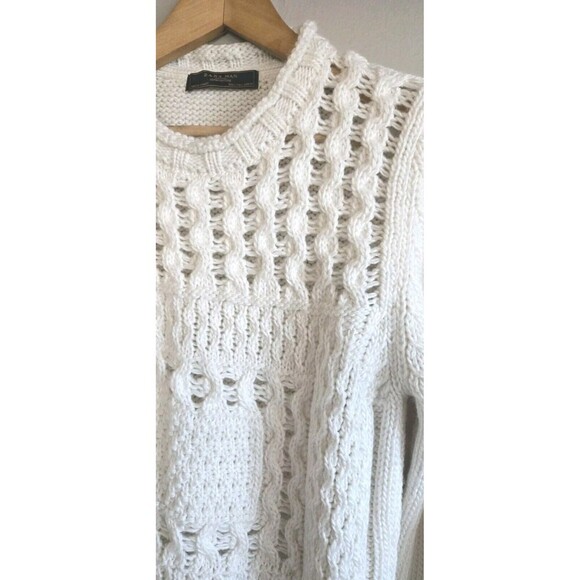 Zara Chunky Knit Sweater Men's Large Cream Wool Blend Fisherman High Neck - Picture 4 of 7